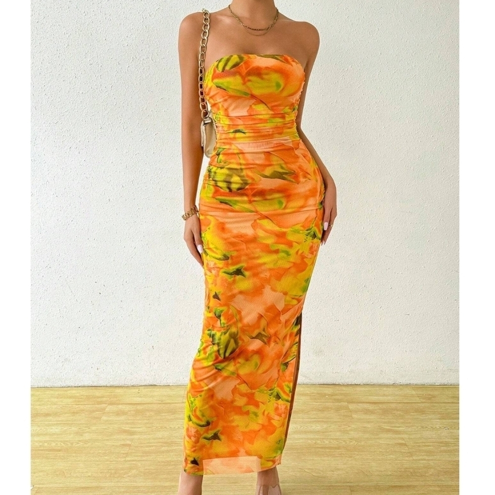 Orange Strapless Maxi Dress